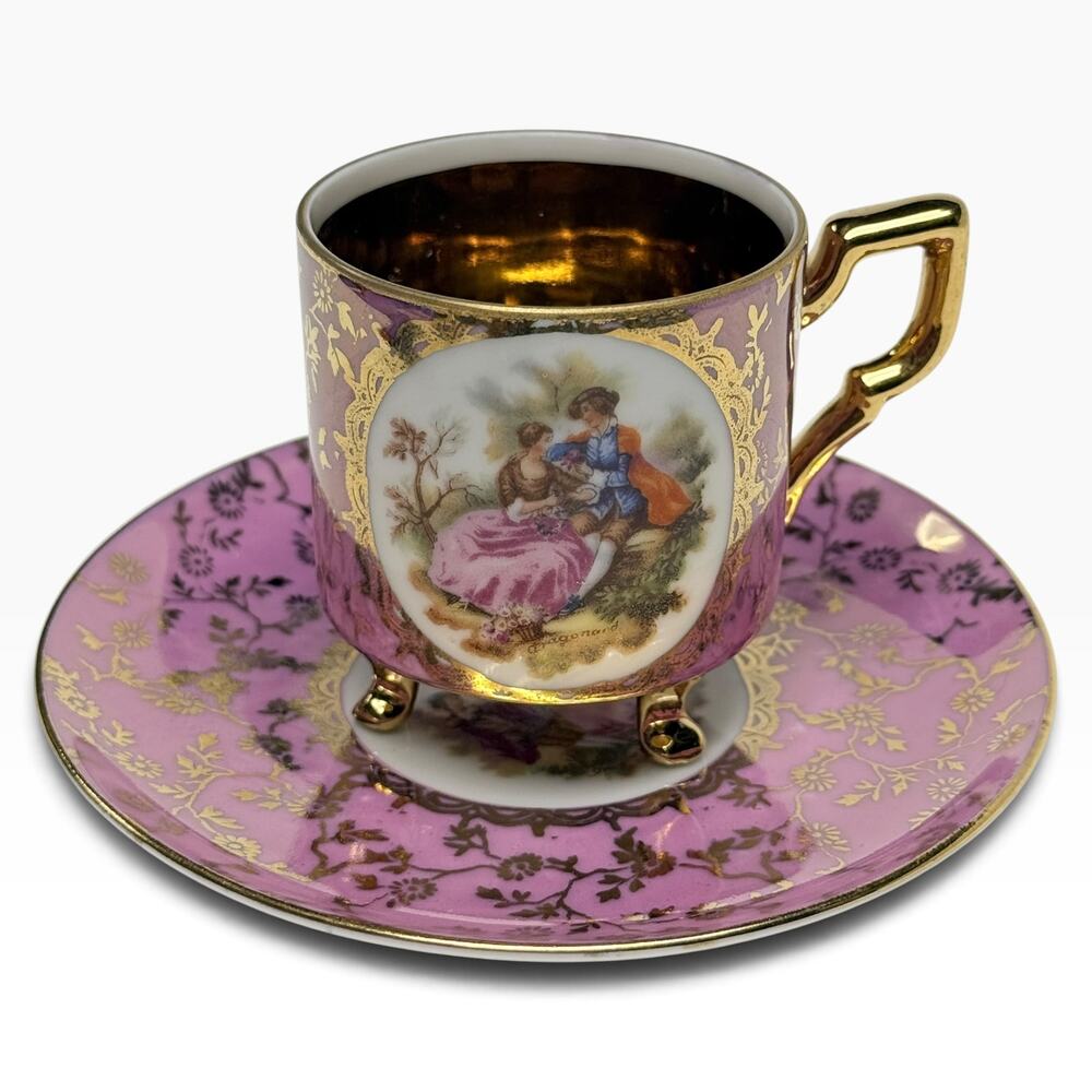 Vintage Teacup Saucer Gold Pink Bavaria Germany Demitasse Espresso Set